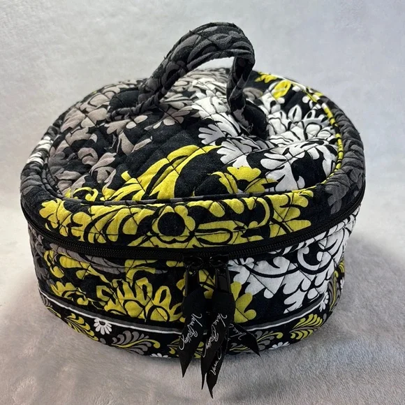 Vera Bradley Baroque Round Cosmetic Bag Travel Case Black Yellow - Picture 2 of 15